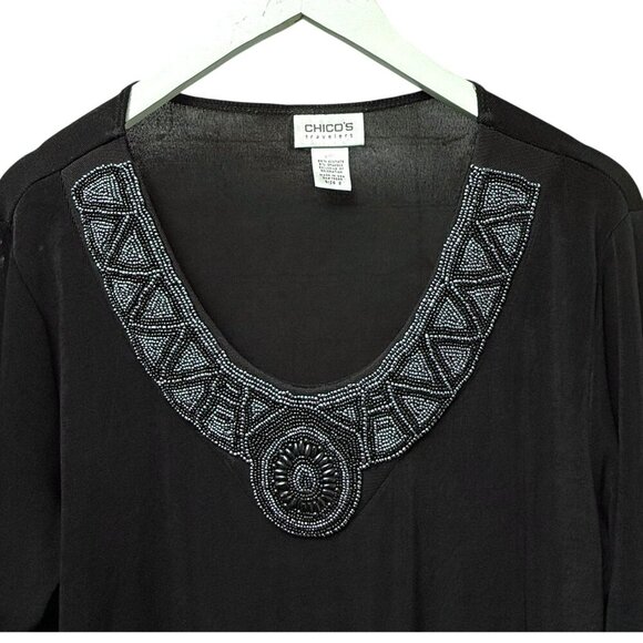 Chicos Travelers Black Beaded Slinky Tunic Large (Chicos 2) Stretch Womens Top - Picture 3 of 10